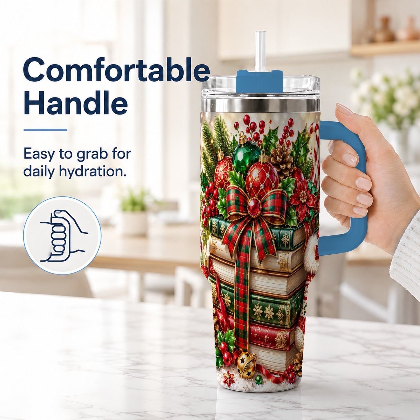 #pl[40oz|Blue] Christmas Book Stack 40oz Tumbler with Handle, Tartan Holiday Travel Cup