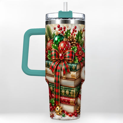 #pl[40oz|Green] Christmas Book Stack 40oz Tumbler with Handle, Tartan Holiday Travel Cup