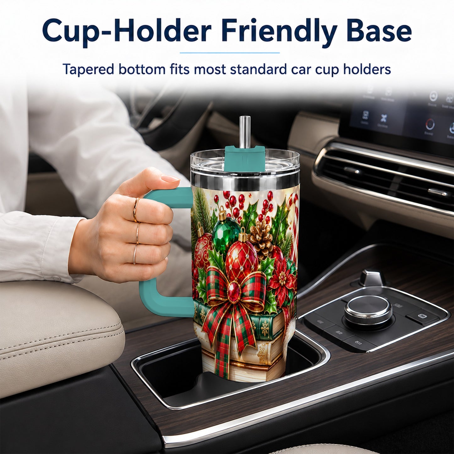 #pl[40oz|Green] Christmas Book Stack 40oz Tumbler with Handle, Tartan Holiday Travel Cup