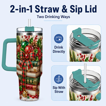 #pl[40oz|Green] Christmas Book Stack 40oz Tumbler with Handle, Tartan Holiday Travel Cup