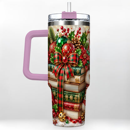 #pl[40oz|Pink] Christmas Book Stack 40oz Tumbler with Handle, Tartan Holiday Travel Cup