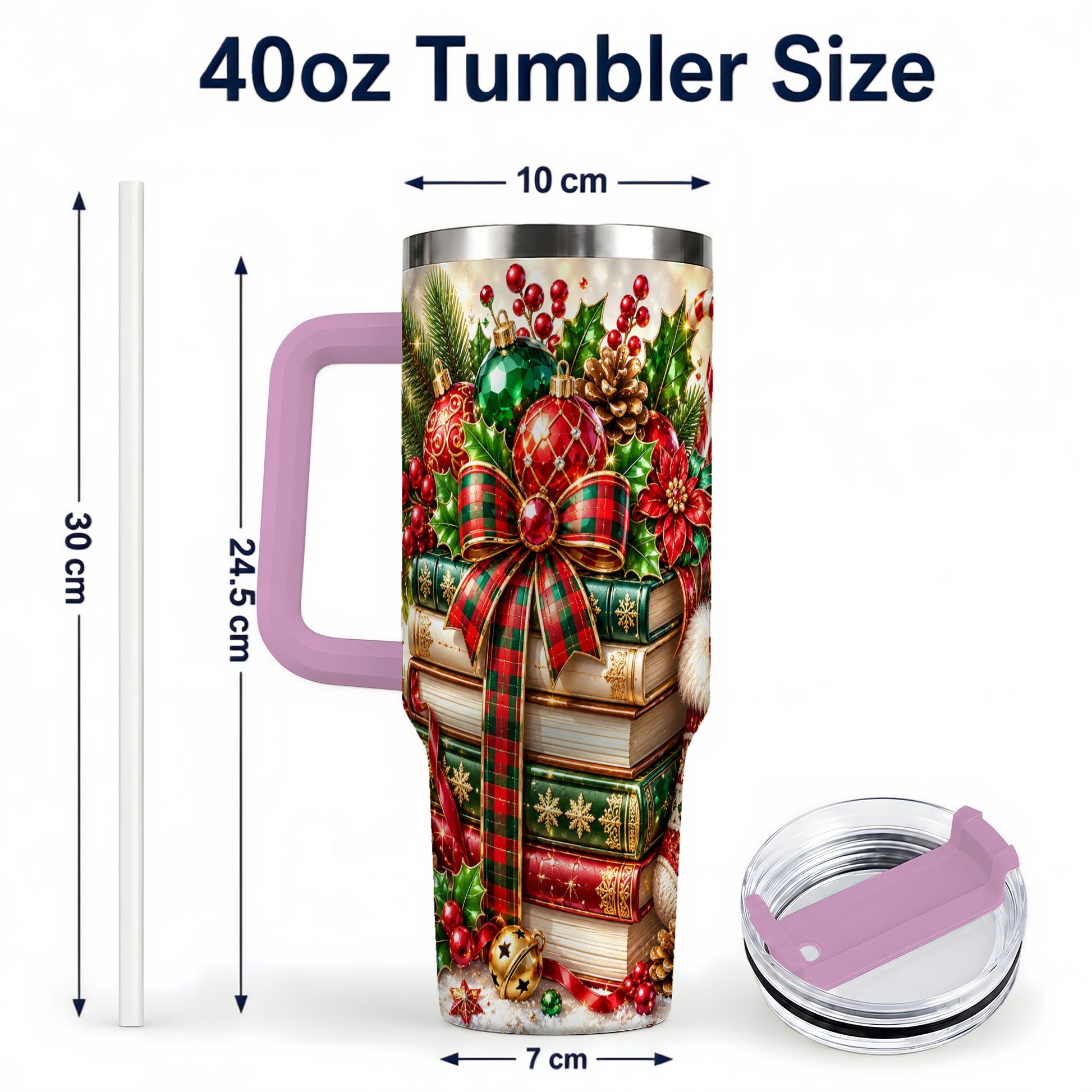 #pl[40oz|Pink] Christmas Book Stack 40oz Tumbler with Handle, Tartan Holiday Travel Cup