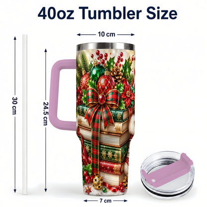 #pl[40oz|Pink] Christmas Book Stack 40oz Tumbler with Handle, Tartan Holiday Travel Cup