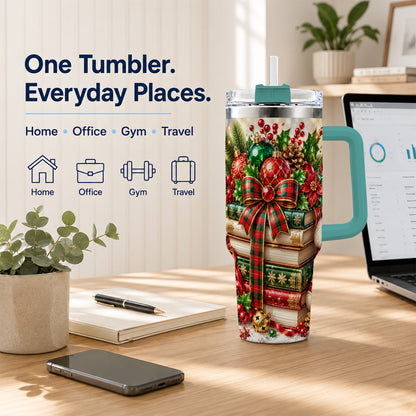 #pl[40oz|Green] Christmas Book Stack 40oz Tumbler with Handle, Tartan Holiday Travel Cup