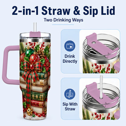 #pl[40oz|Pink] Christmas Book Stack 40oz Tumbler with Handle, Tartan Holiday Travel Cup