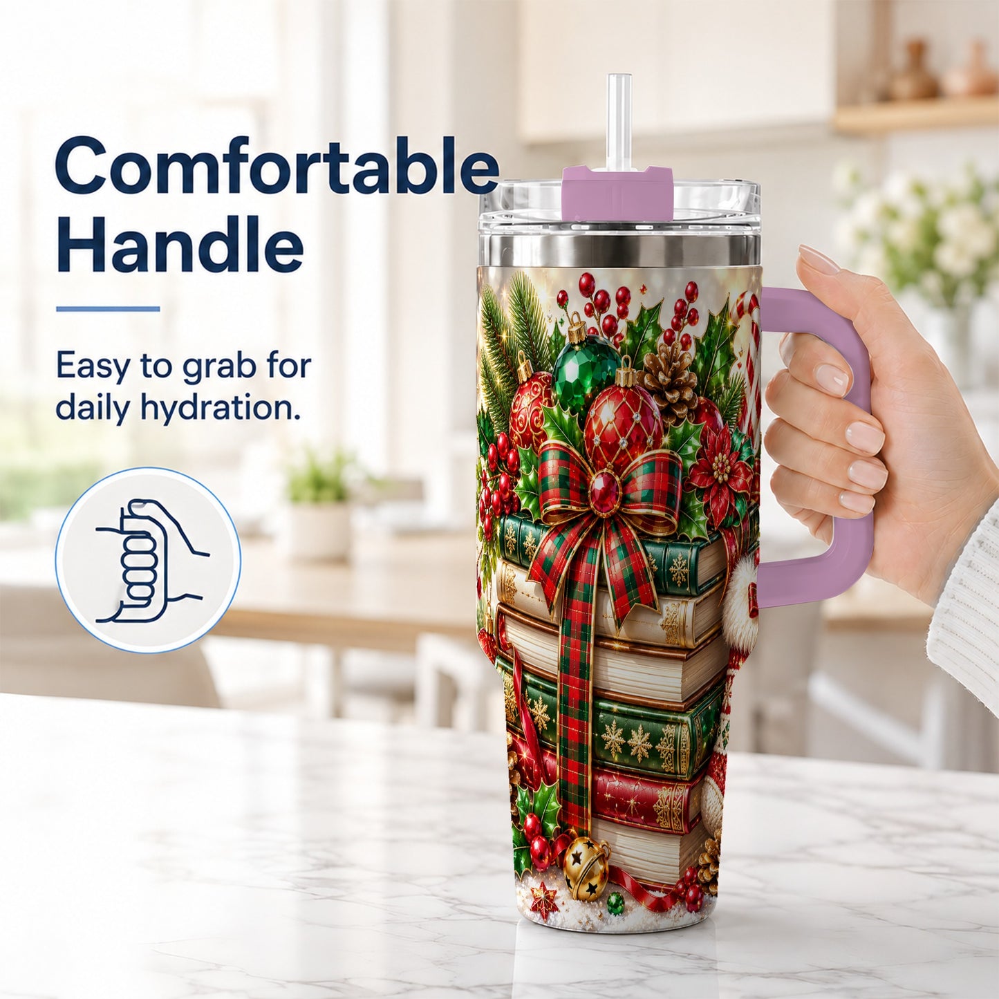 #pl[40oz|Pink] Christmas Book Stack 40oz Tumbler with Handle, Tartan Holiday Travel Cup
