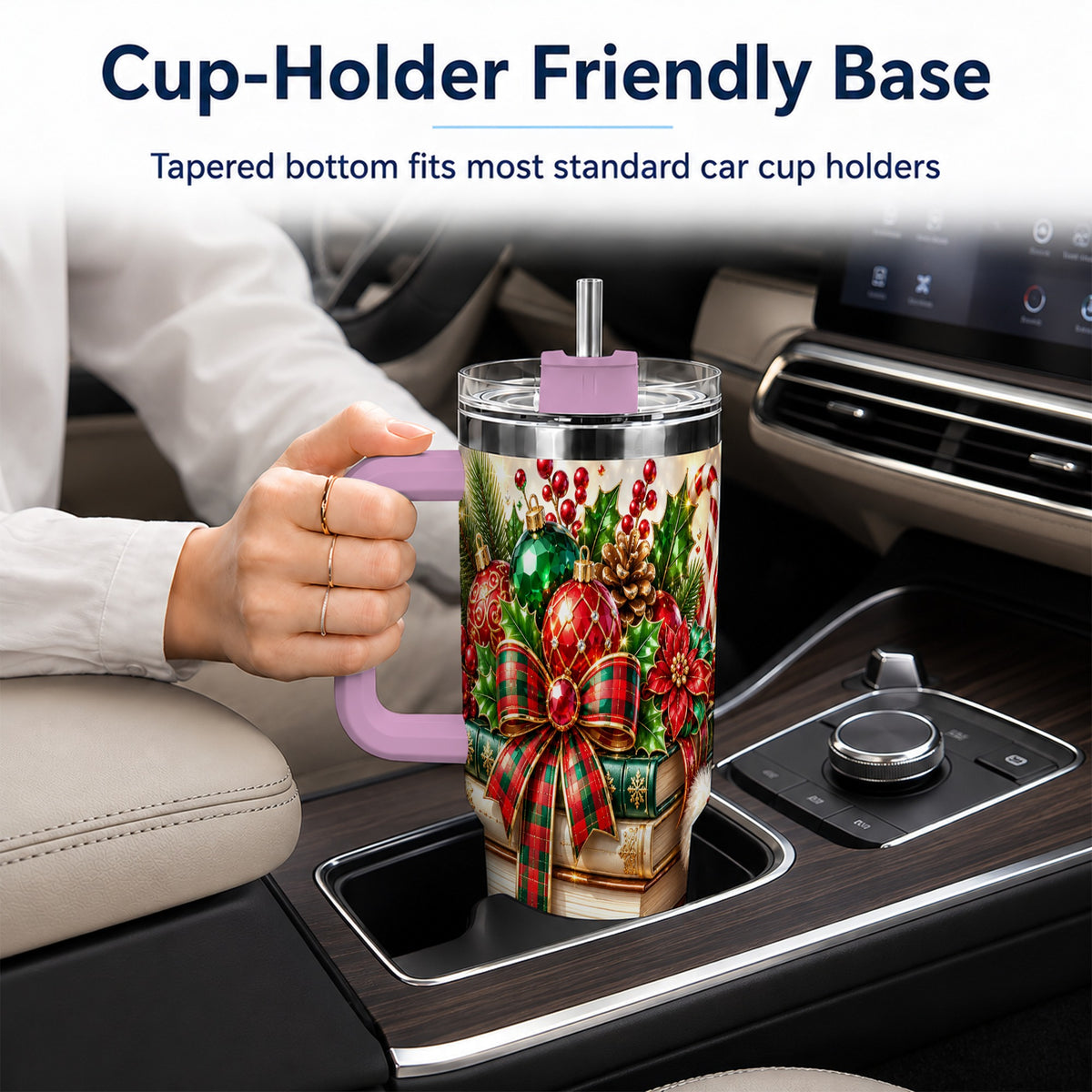 #pl[40oz|Pink] Christmas Book Stack 40oz Tumbler with Handle, Tartan Holiday Travel Cup