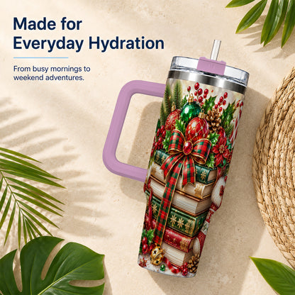 #pl[40oz|Pink] Christmas Book Stack 40oz Tumbler with Handle, Tartan Holiday Travel Cup