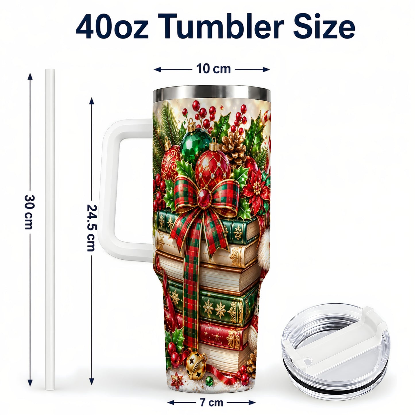 #pl[40oz|White] Christmas Book Stack 40oz Tumbler with Handle, Tartan Holiday Travel Cup