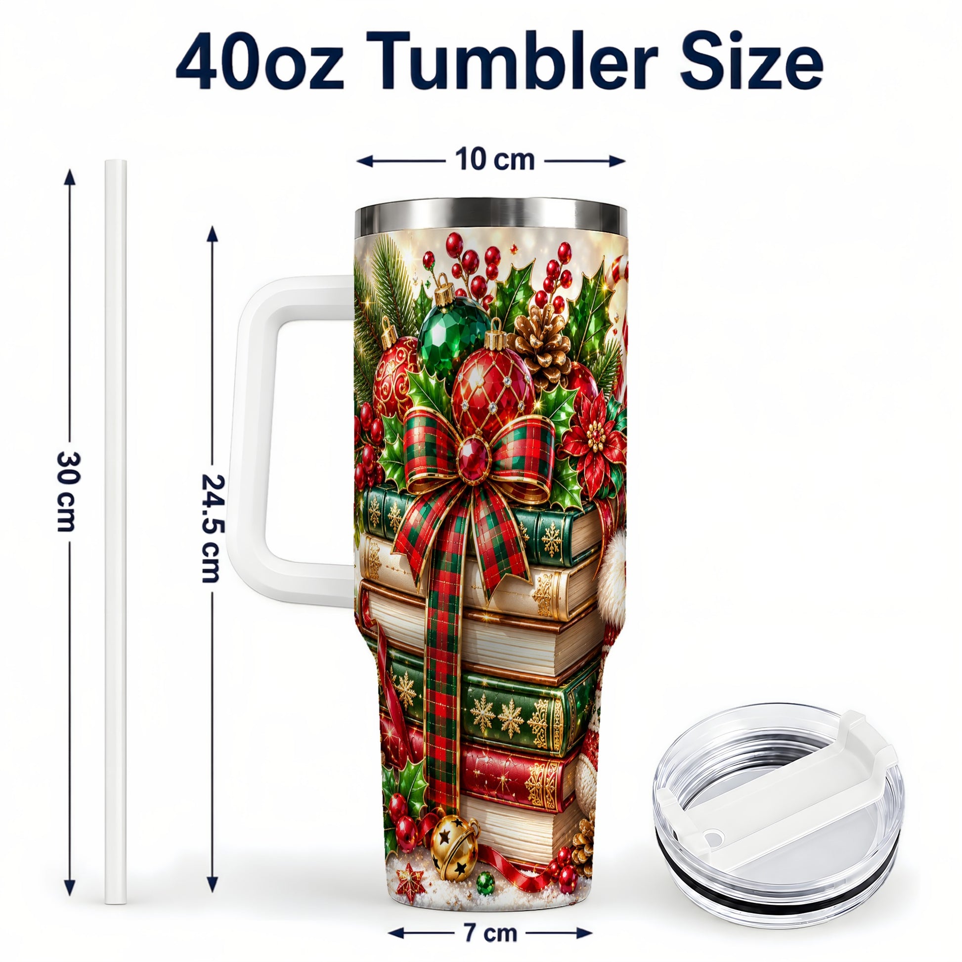 #pl[40oz|White] Christmas Book Stack 40oz Tumbler with Handle, Tartan Holiday Travel Cup