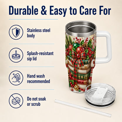 #pl[40oz|White] Christmas Book Stack 40oz Tumbler with Handle, Tartan Holiday Travel Cup