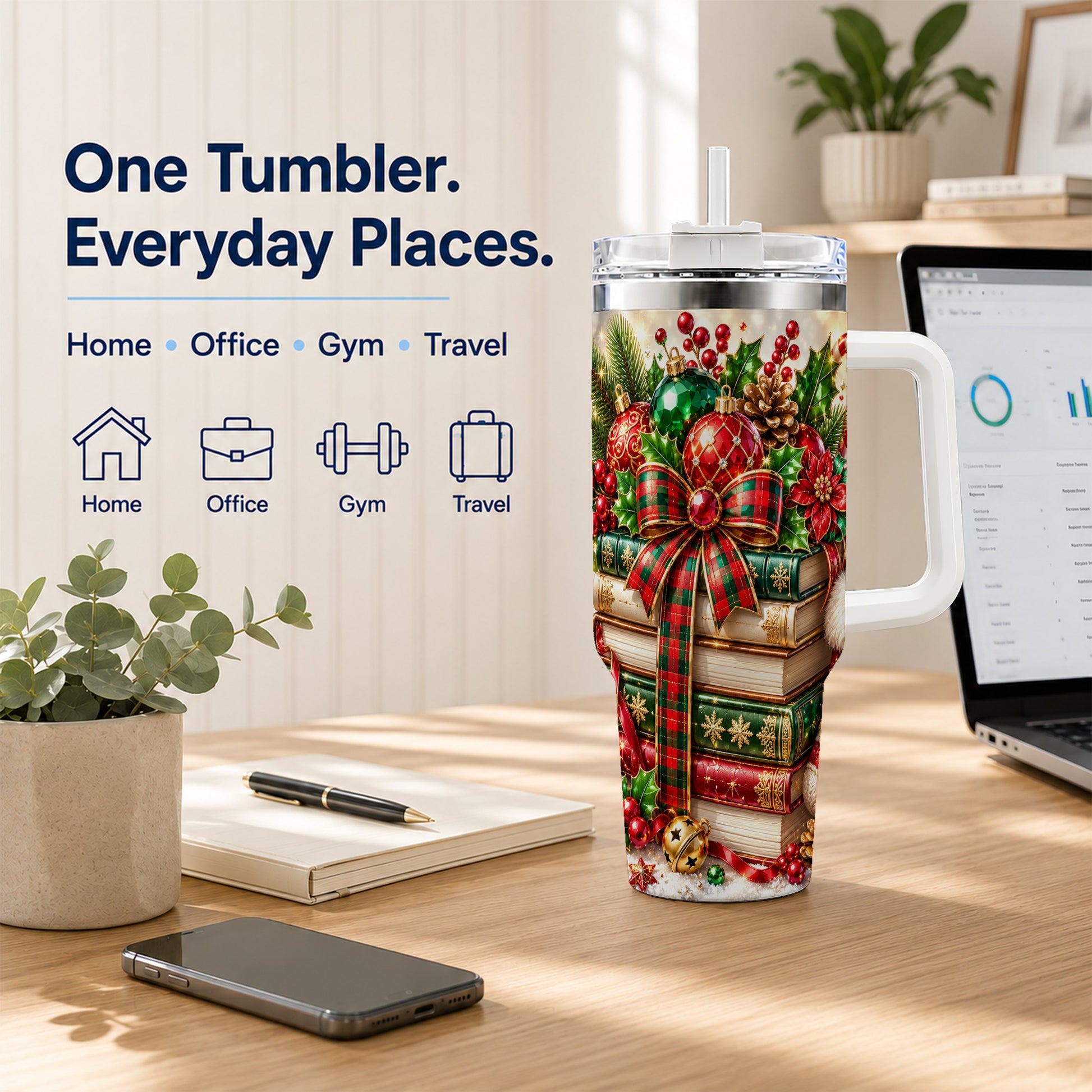 #pl[40oz|White] Christmas Book Stack 40oz Tumbler with Handle, Tartan Holiday Travel Cup
