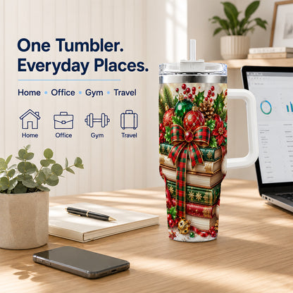 #pl[40oz|White] Christmas Book Stack 40oz Tumbler with Handle, Tartan Holiday Travel Cup