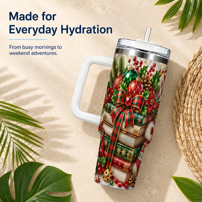 #pl[40oz|White] Christmas Book Stack 40oz Tumbler with Handle, Tartan Holiday Travel Cup