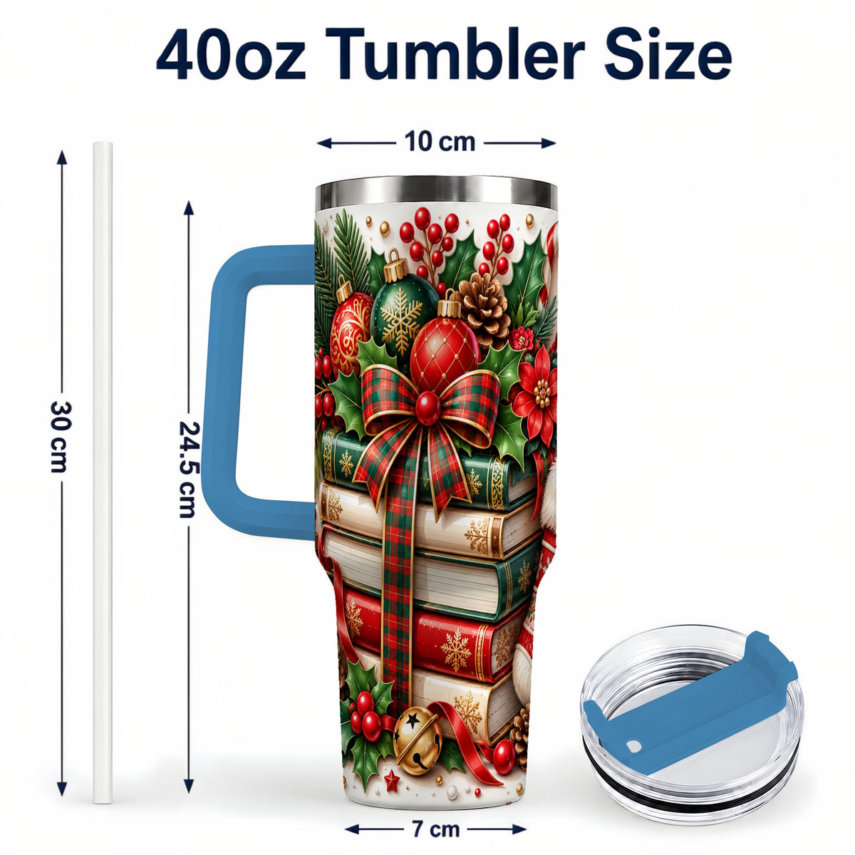 #pl[40oz|Blue] Christmas Books 40oz Tumbler, Holiday Tumbler, Stainless Steel Travel Cup