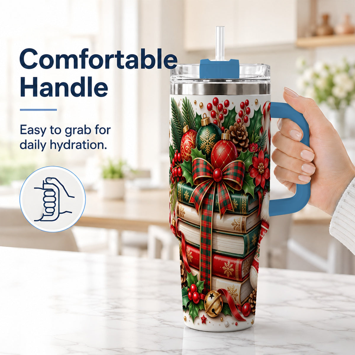 #pl[40oz|Blue] Christmas Books 40oz Tumbler, Holiday Tumbler, Stainless Steel Travel Cup