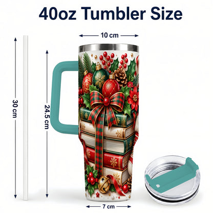 #pl[40oz|Green] Christmas Books 40oz Tumbler, Holiday Tumbler, Stainless Steel Travel Cup
