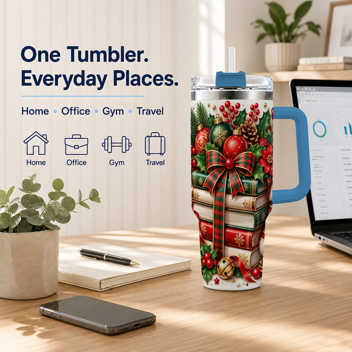 #pl[40oz|Blue] Christmas Books 40oz Tumbler, Holiday Tumbler, Stainless Steel Travel Cup
