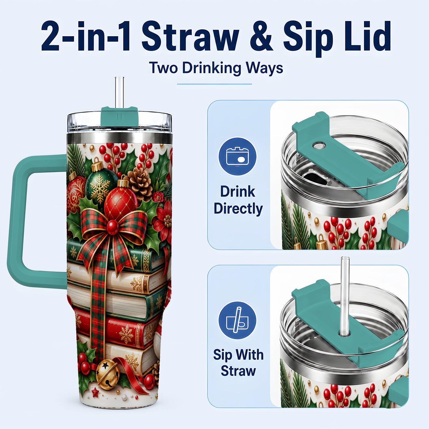 #pl[40oz|Green] Christmas Books 40oz Tumbler, Holiday Tumbler, Stainless Steel Travel Cup