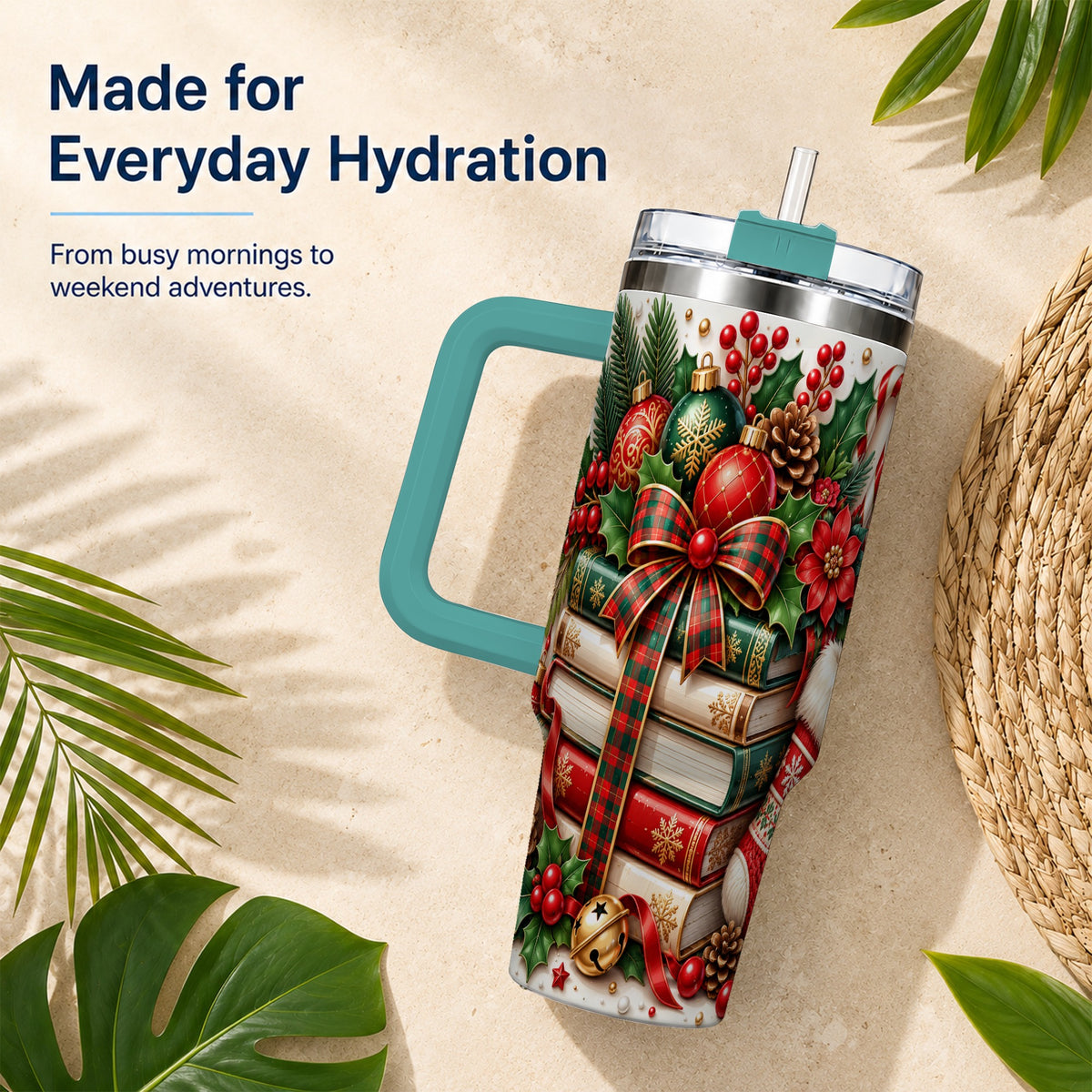 #pl[40oz|Green] Christmas Books 40oz Tumbler, Holiday Tumbler, Stainless Steel Travel Cup