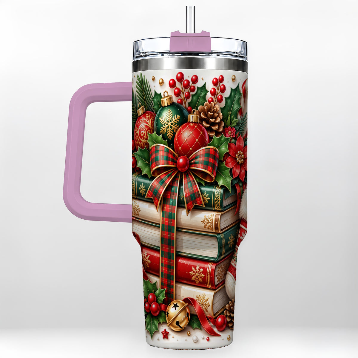 #pl[40oz|Pink] Christmas Books 40oz Tumbler, Holiday Tumbler, Stainless Steel Travel Cup