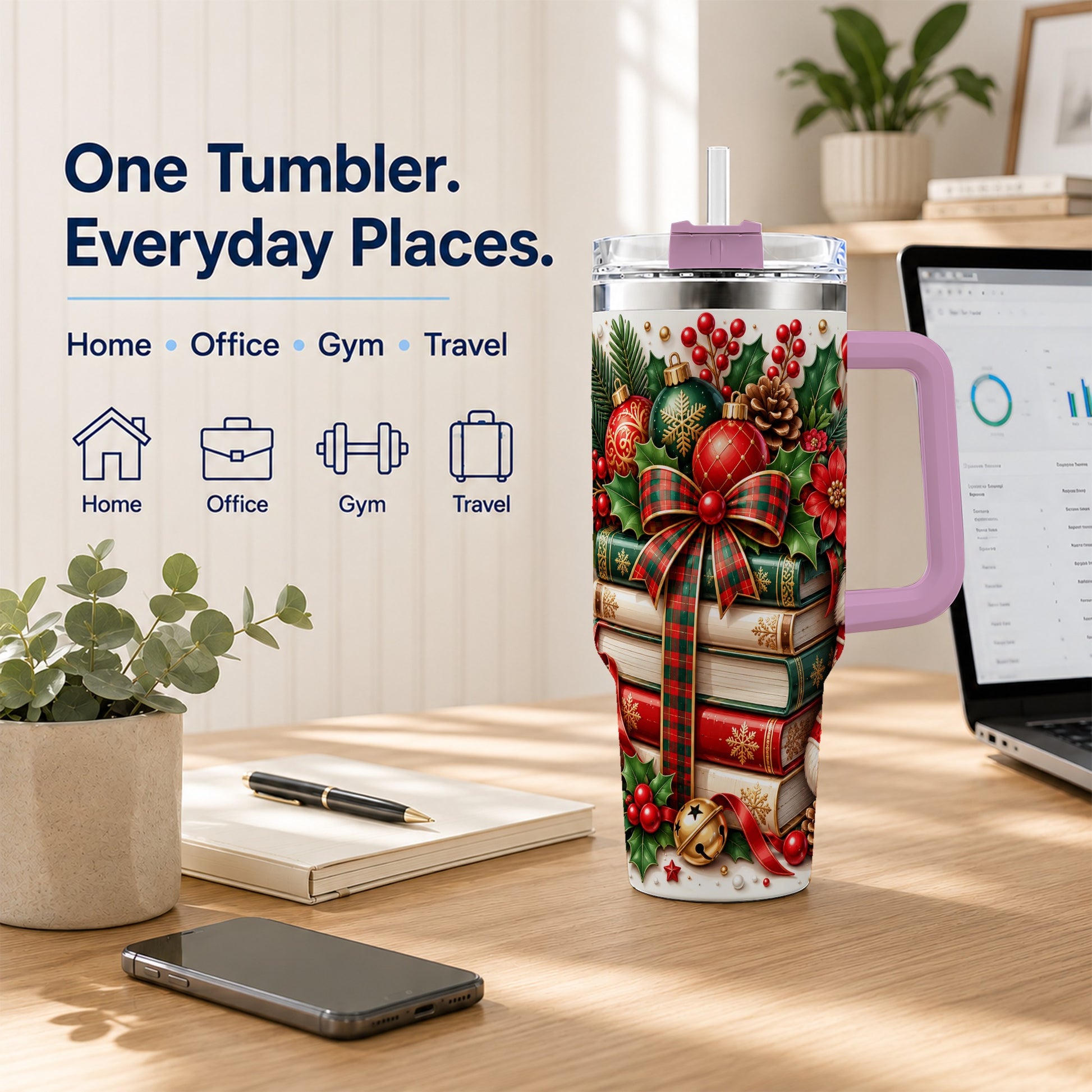 #pl[40oz|Pink] Christmas Books 40oz Tumbler, Holiday Tumbler, Stainless Steel Travel Cup