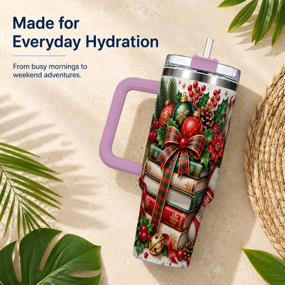 #pl[40oz|Pink] Christmas Books 40oz Tumbler, Holiday Tumbler, Stainless Steel Travel Cup