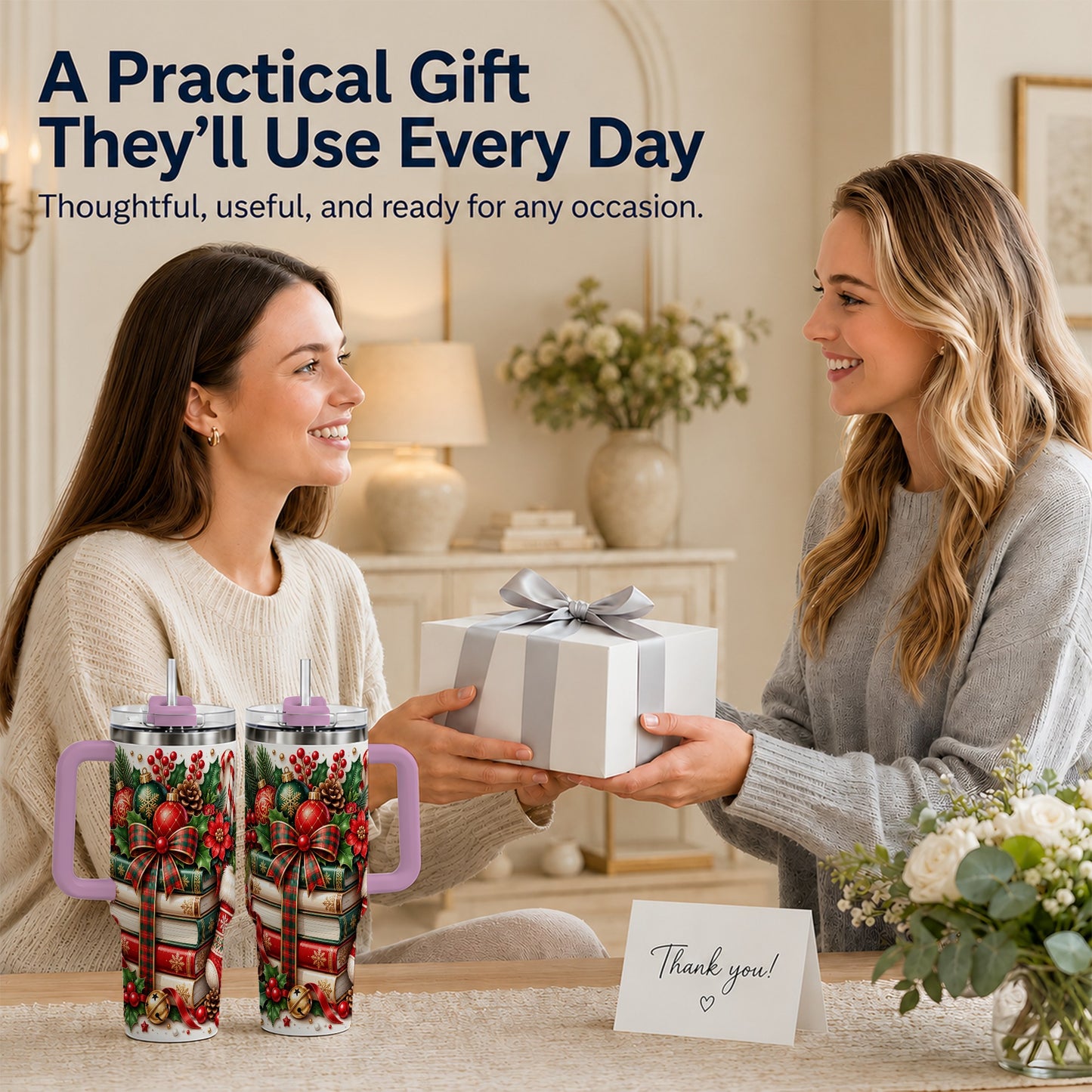 #pl[40oz|Pink] Christmas Books 40oz Tumbler, Holiday Tumbler, Stainless Steel Travel Cup