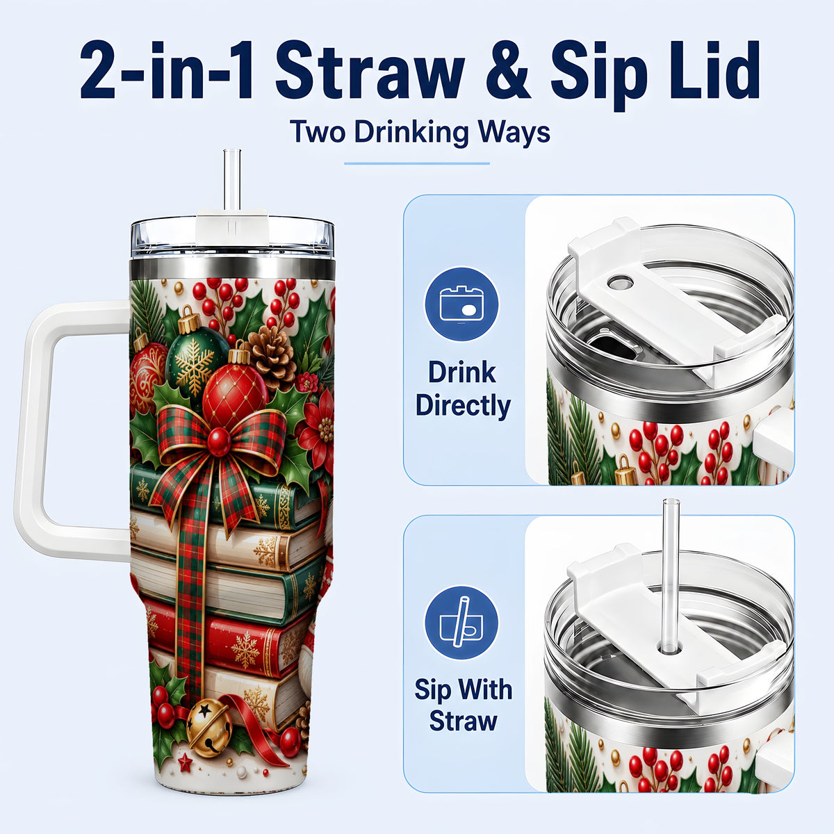 #pl[40oz|White] Christmas Books 40oz Tumbler, Holiday Tumbler, Stainless Steel Travel Cup