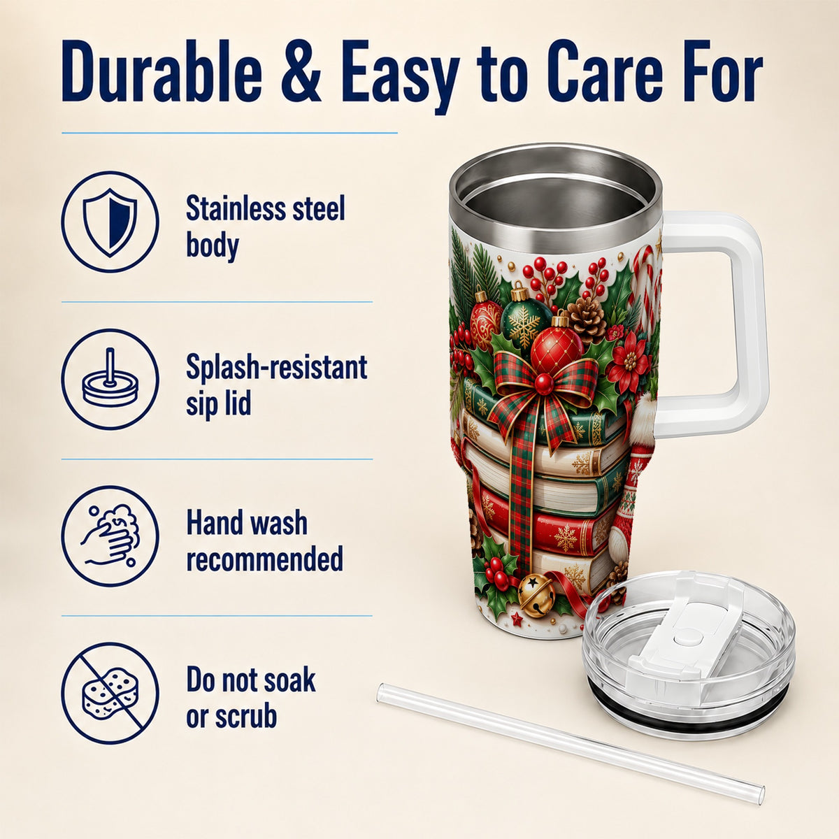 #pl[40oz|White] Christmas Books 40oz Tumbler, Holiday Tumbler, Stainless Steel Travel Cup