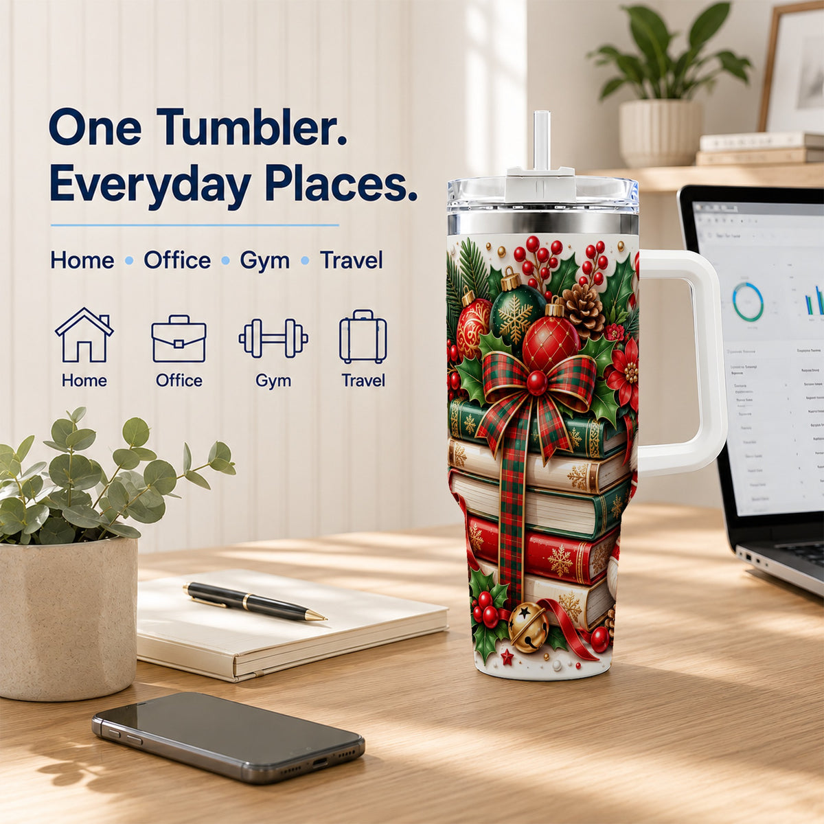 #pl[40oz|White] Christmas Books 40oz Tumbler, Holiday Tumbler, Stainless Steel Travel Cup