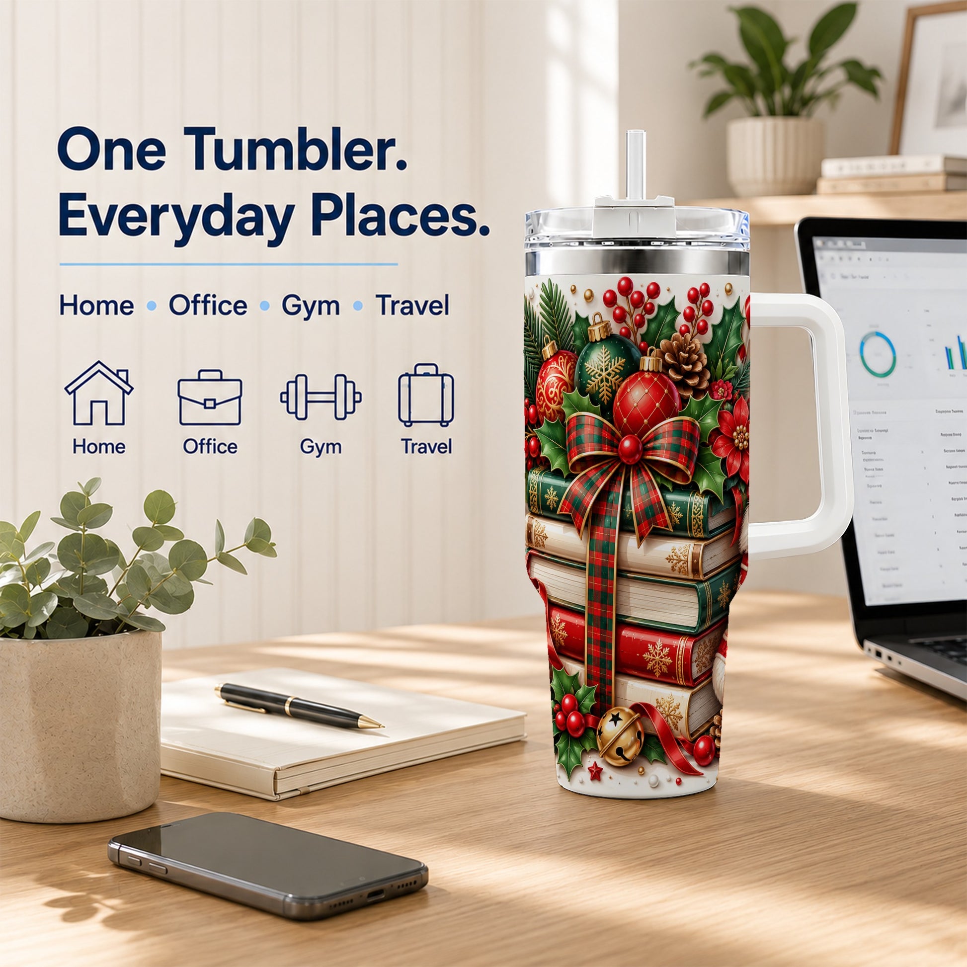 #pl[40oz|White] Christmas Books 40oz Tumbler, Holiday Tumbler, Stainless Steel Travel Cup