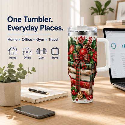 #pl[40oz|White] Christmas Books 40oz Tumbler, Holiday Tumbler, Stainless Steel Travel Cup