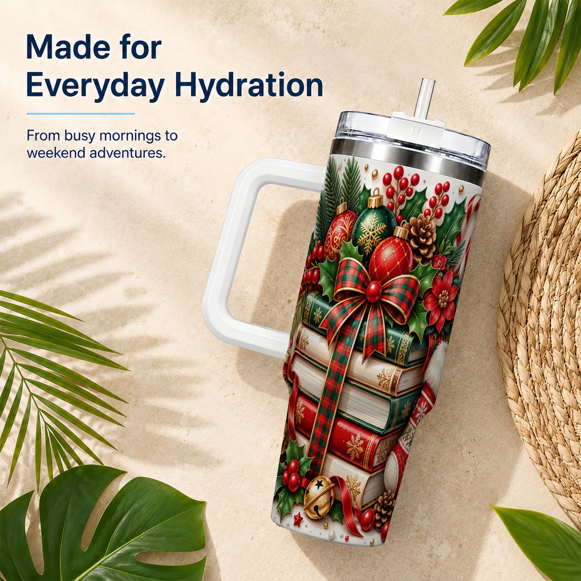 #pl[40oz|White] Christmas Books 40oz Tumbler, Holiday Tumbler, Stainless Steel Travel Cup
