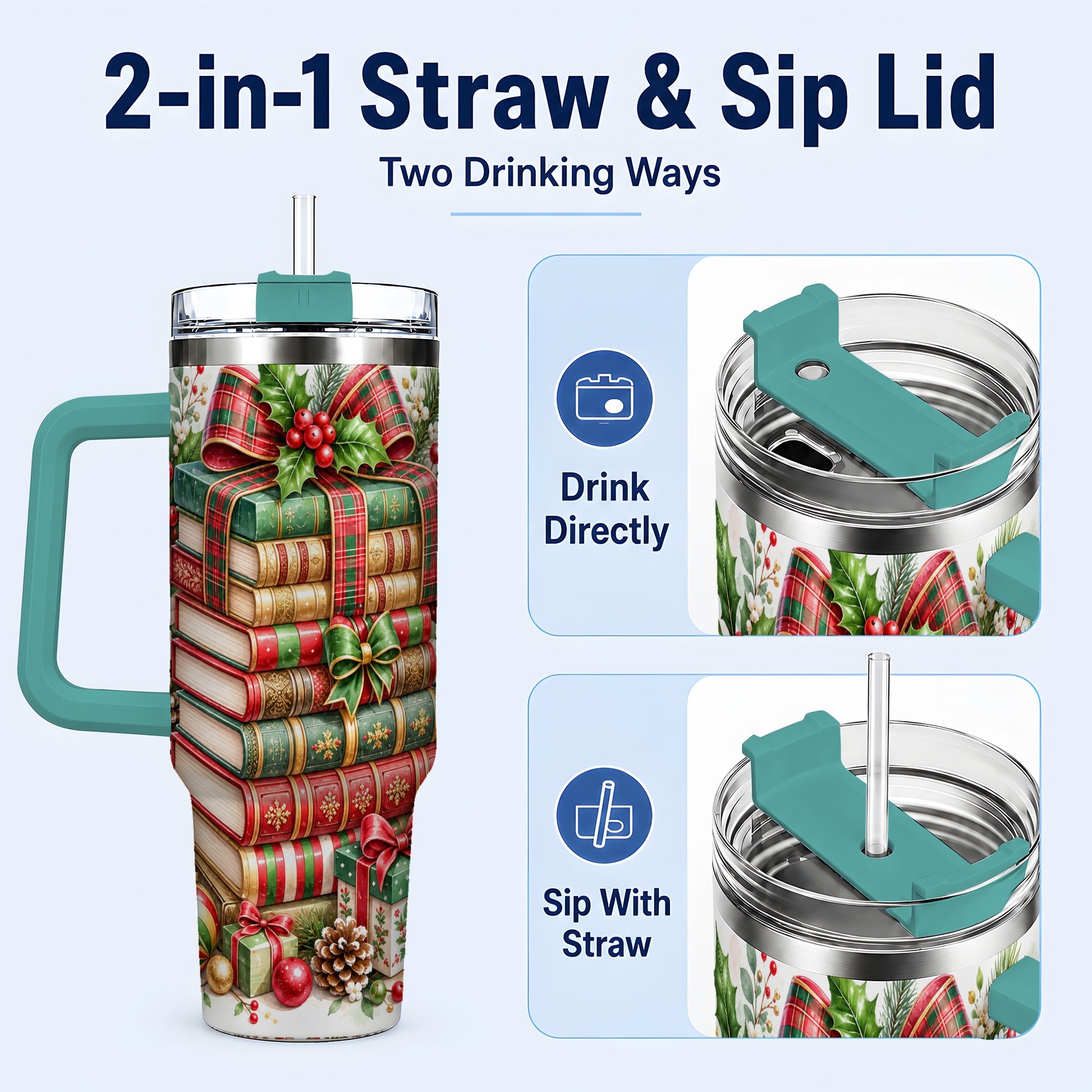 #pl[40oz|Green] Watercolor Books 40oz Tumbler, Holiday Tumbler, Stainless Steel Travel Cup