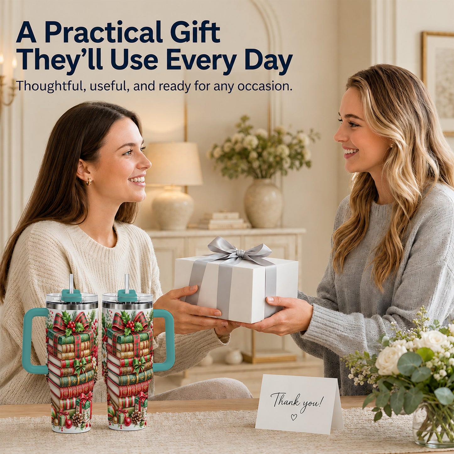 #pl[40oz|Green] Watercolor Books 40oz Tumbler, Holiday Tumbler, Stainless Steel Travel Cup