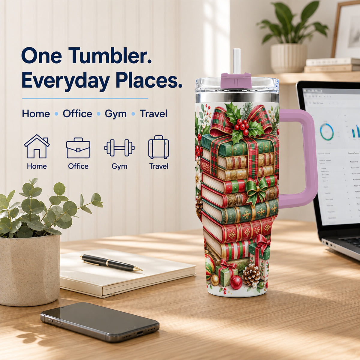 #pl[40oz|Pink] Watercolor Books 40oz Tumbler, Holiday Tumbler, Stainless Steel Travel Cup