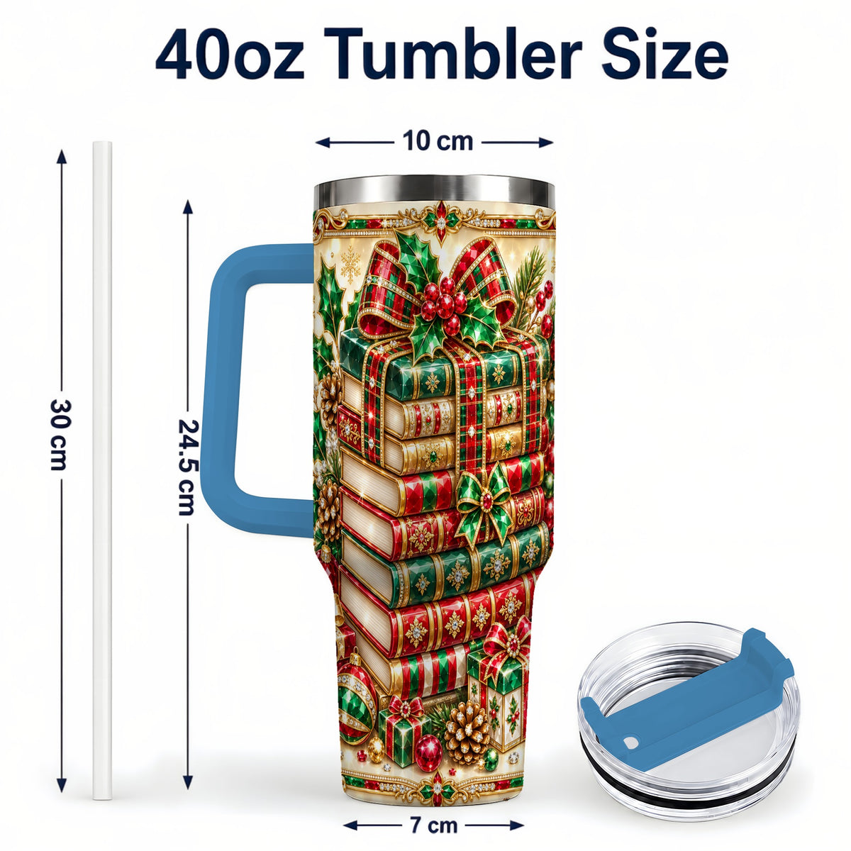 #pl[40oz|Blue] Gemlike Books 40oz Tumbler, Holiday Tumbler, Stainless Steel Travel Cup