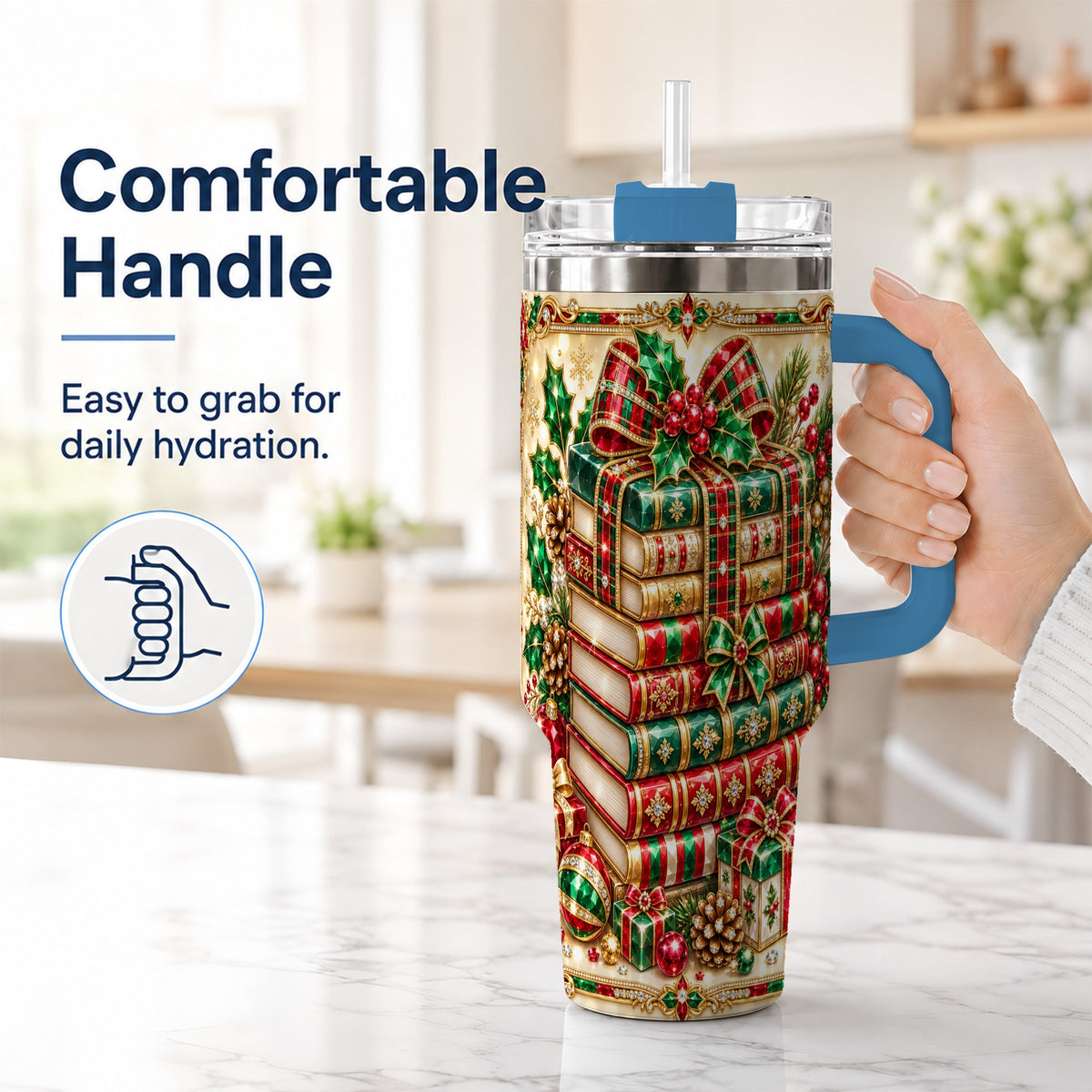 #pl[40oz|Blue] Gemlike Books 40oz Tumbler, Holiday Tumbler, Stainless Steel Travel Cup
