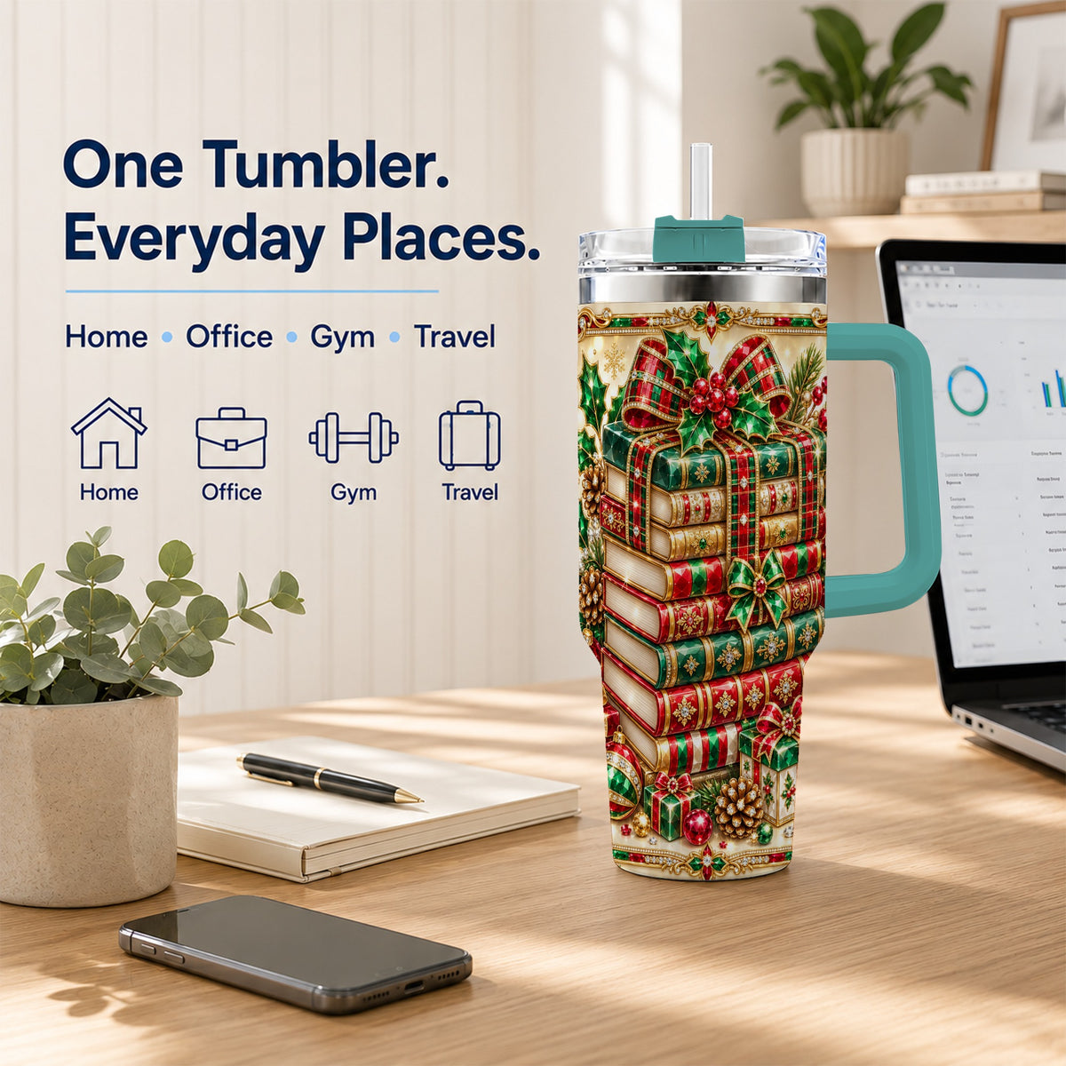 #pl[40oz|Green] Gemlike Books 40oz Tumbler, Holiday Tumbler, Stainless Steel Travel Cup