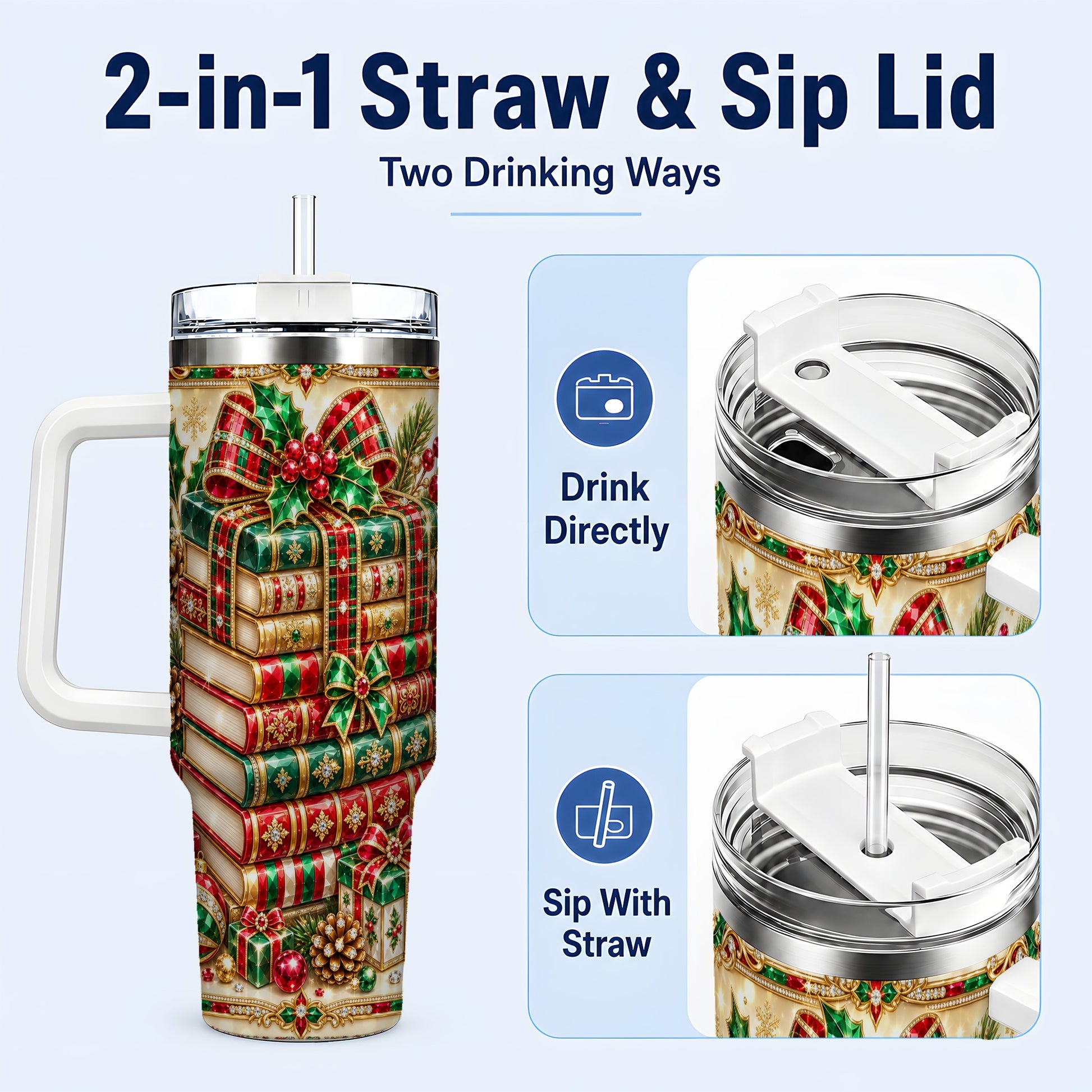 #pl[40oz|White] Gemlike Books 40oz Tumbler, Holiday Tumbler, Stainless Steel Travel Cup