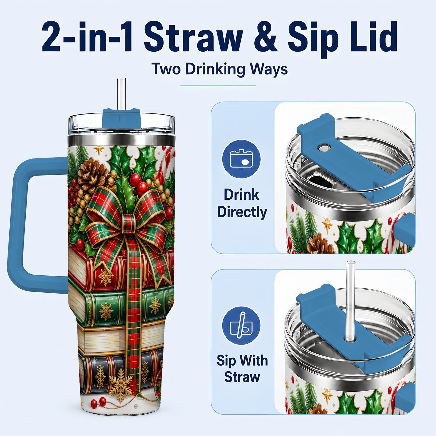 #pl[40oz|Blue] Classic Books 40oz Tumbler, Christmas Tumbler, Stainless Steel Travel Cup
