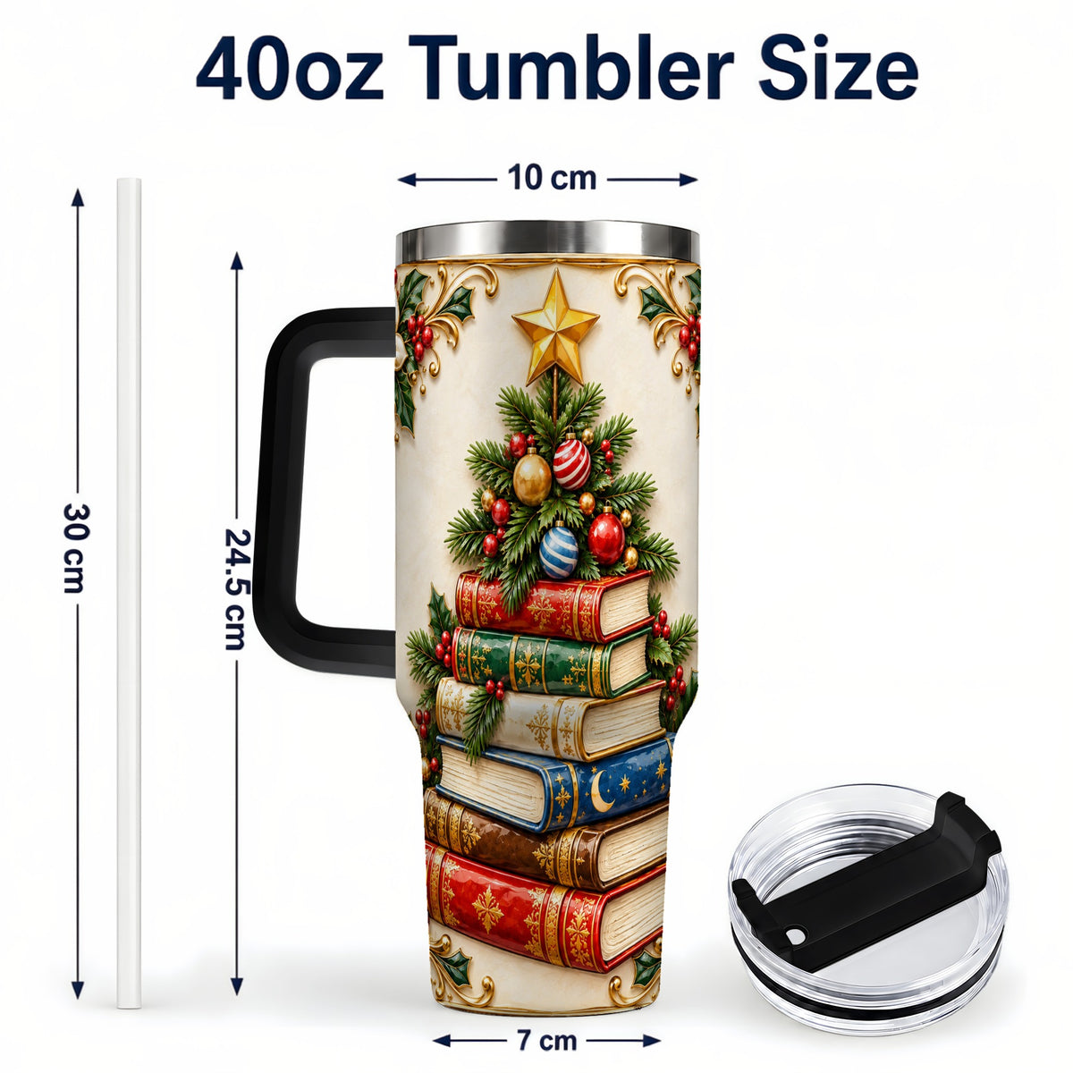 #pl[40oz|Black] Christmas Book Tree 40oz Tumbler with Handle, Book Stainless Steel Tumbler