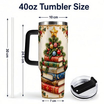 #pl[40oz|Black] Christmas Book Tree 40oz Tumbler with Handle, Book Stainless Steel Tumbler