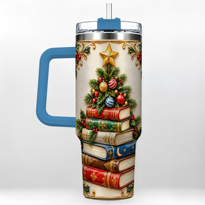 #pl[40oz|Blue] Christmas Book Tree 40oz Tumbler with Handle, Book Stainless Steel Tumbler
