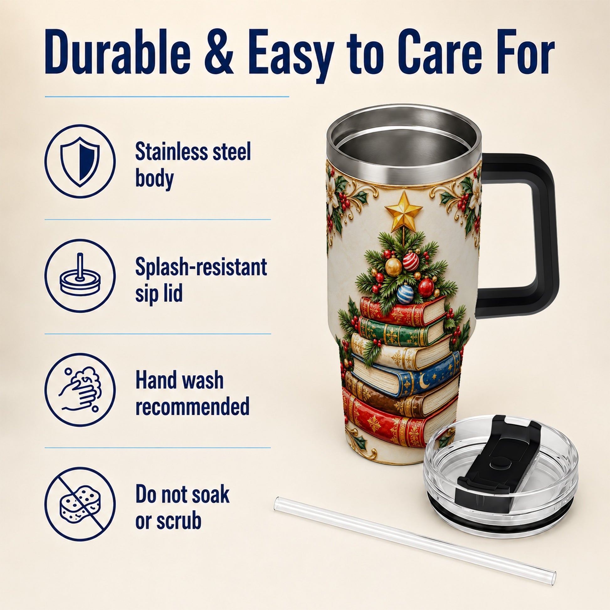 #pl[40oz|Black] Christmas Book Tree 40oz Tumbler with Handle, Book Stainless Steel Tumbler
