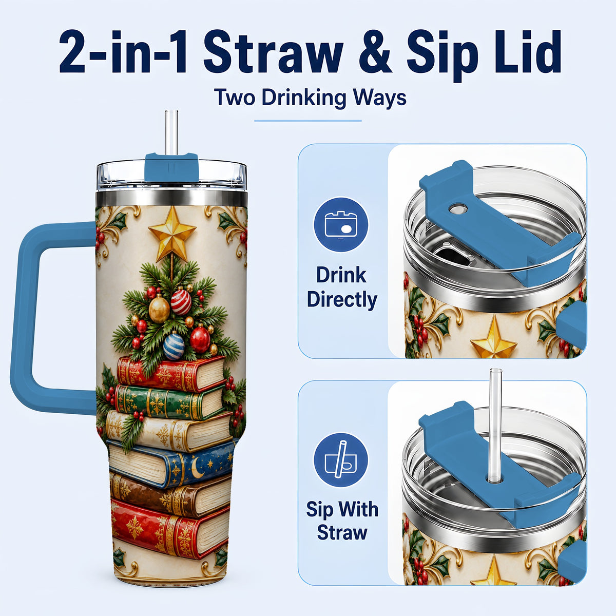 #pl[40oz|Blue] Christmas Book Tree 40oz Tumbler with Handle, Book Stainless Steel Tumbler
