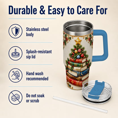 #pl[40oz|Blue] Christmas Book Tree 40oz Tumbler with Handle, Book Stainless Steel Tumbler