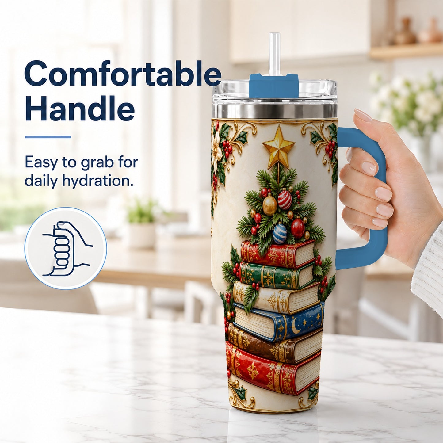 #pl[40oz|Blue] Christmas Book Tree 40oz Tumbler with Handle, Book Stainless Steel Tumbler