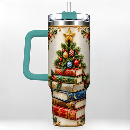#pl[40oz|Green] Christmas Book Tree 40oz Tumbler with Handle, Book Stainless Steel Tumbler